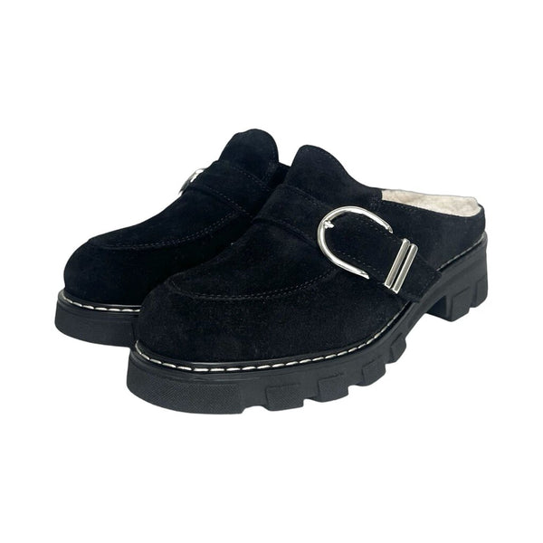 La Candadienne "Allie Suede Shearling Buckle Mules"