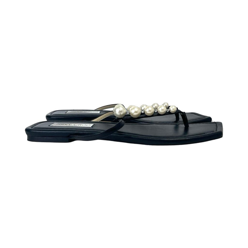 Jimmy Choo "Alaina Faux Pearl Embellished Leather Sandals" - Size 40.5